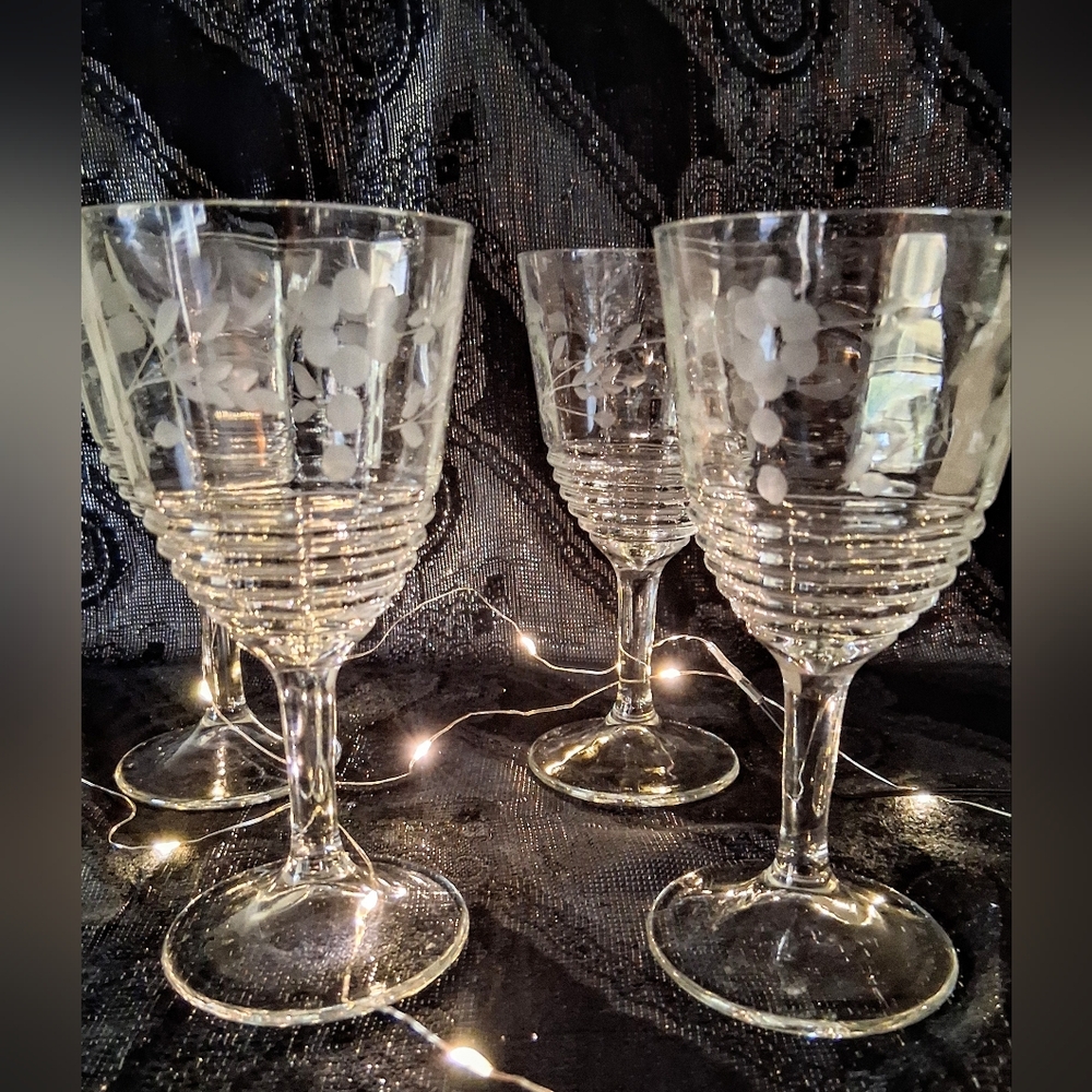Vintage Federal Etched Glass Stemware - 4 Water Goblets Optic Ripple Bowls
